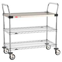 Metro MW Series 3-Shelf Utility Cart with 1 Stainless Steel Solid and 2 Chrome Wire Shelves