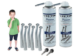 6 pack – non-optic package with couplers Includes: 6 Vx or F series non-optic high-speed handpieces, 2 swivel couplers ( your choice non-optic), and 2 cans VL-S lubricant