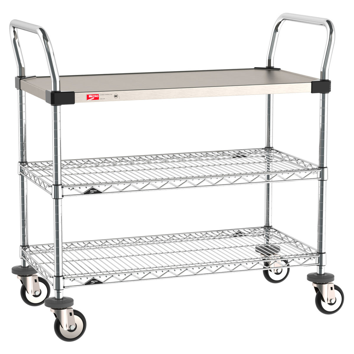 Metro MW Series 3-Shelf Utility Cart with 1 Stainless Steel Solid and 2 Chrome Wire Shelves