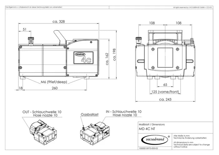 BrandTech VACUUBRAND 20736403 MD4C NT Dry Chemistry Diaphragm Vacuum Pump 120V 50-60Hz