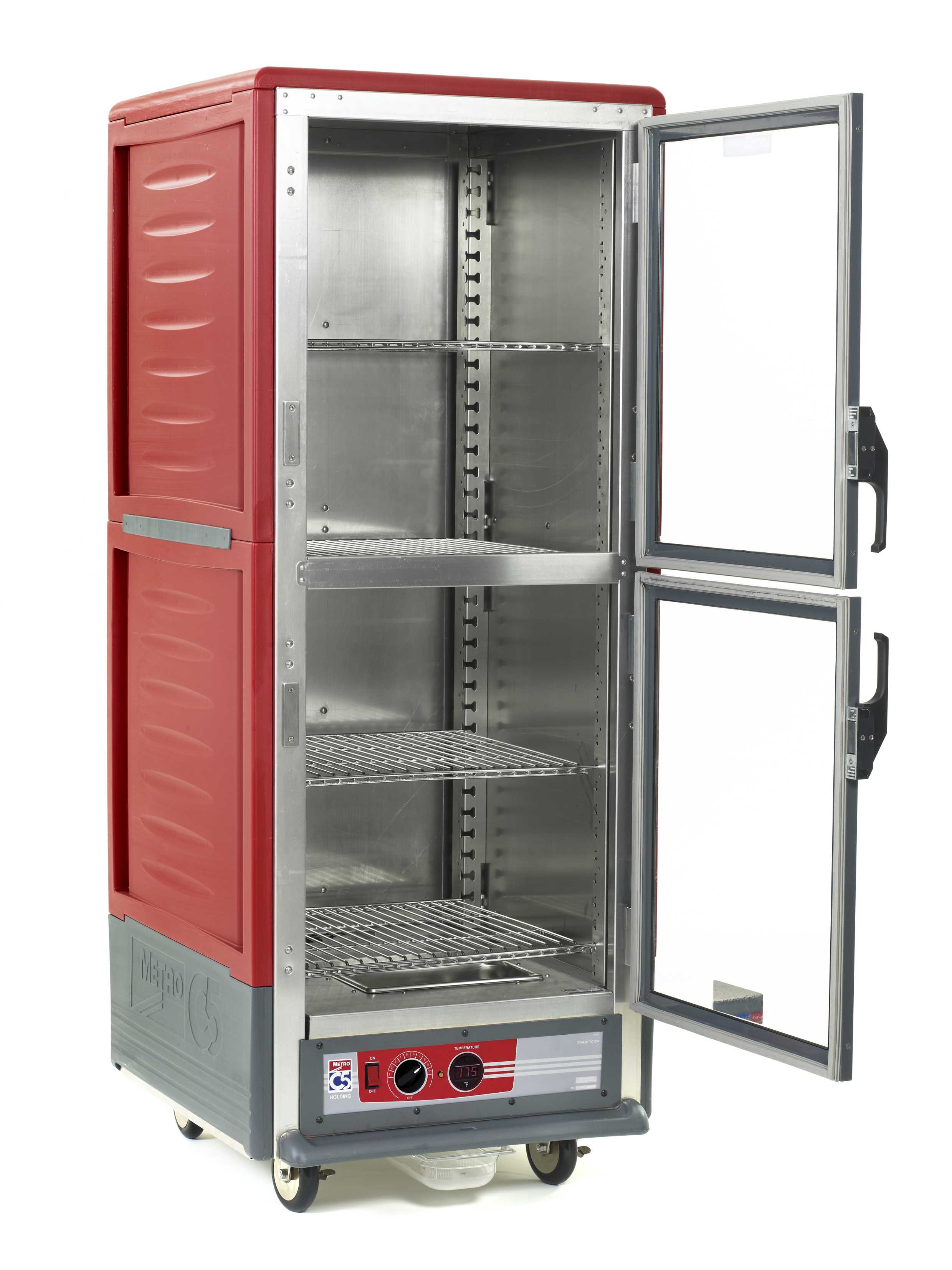 Metro C539-HLDC-S C5 3 Series Insulated Holding Cabinet, Full Height, Dutch Clear Doors, 4 Adjustable Wire Shelves, 120V, 60Hz, 1440W, Red