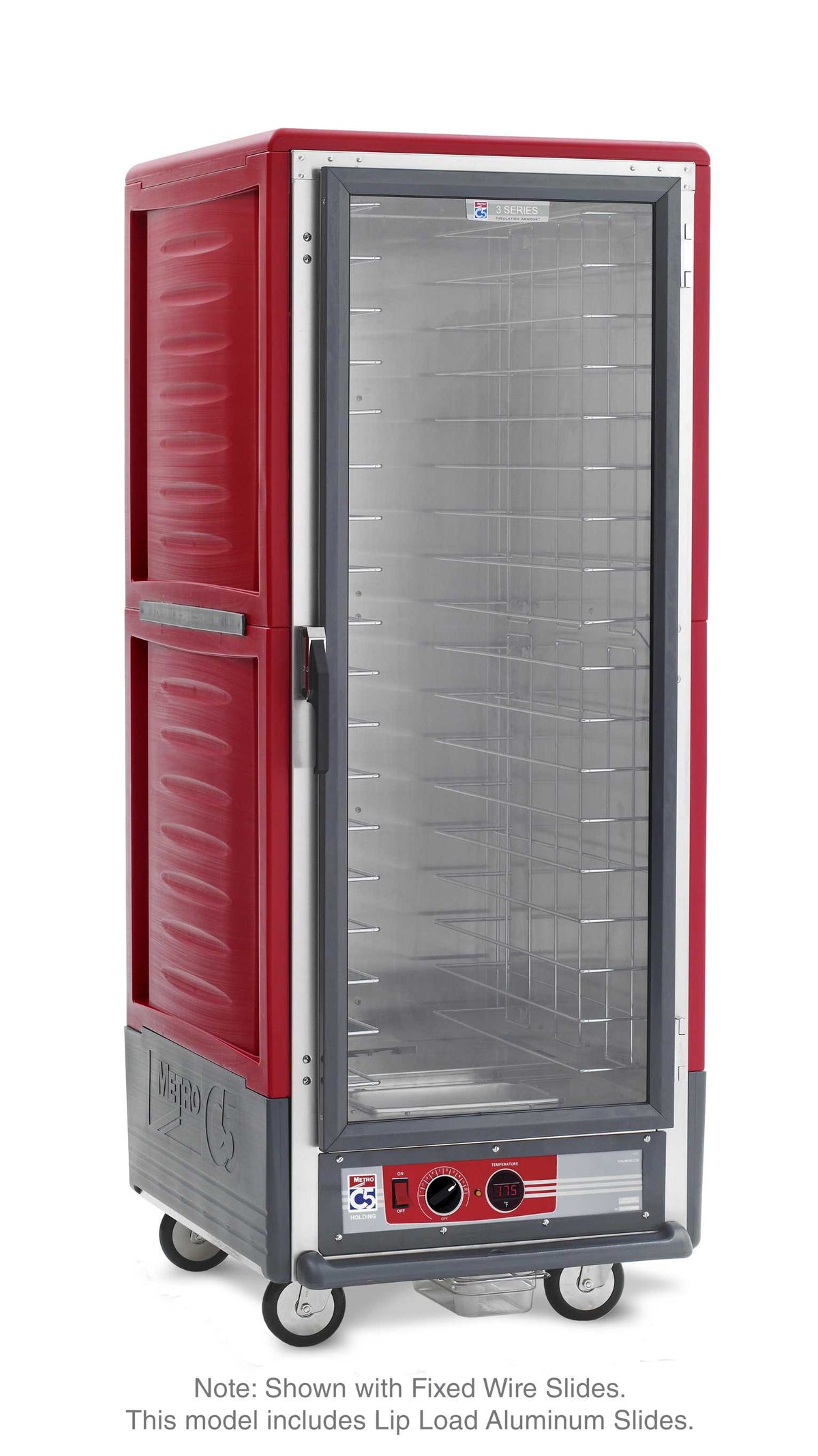 Metro C539-HLFC-L C5 3 Series Insulated Holding Cabinet, Full Height, Full Length Clear Door, Lip Load Aluminum Slides, 120V, 60Hz, 1440W, Red