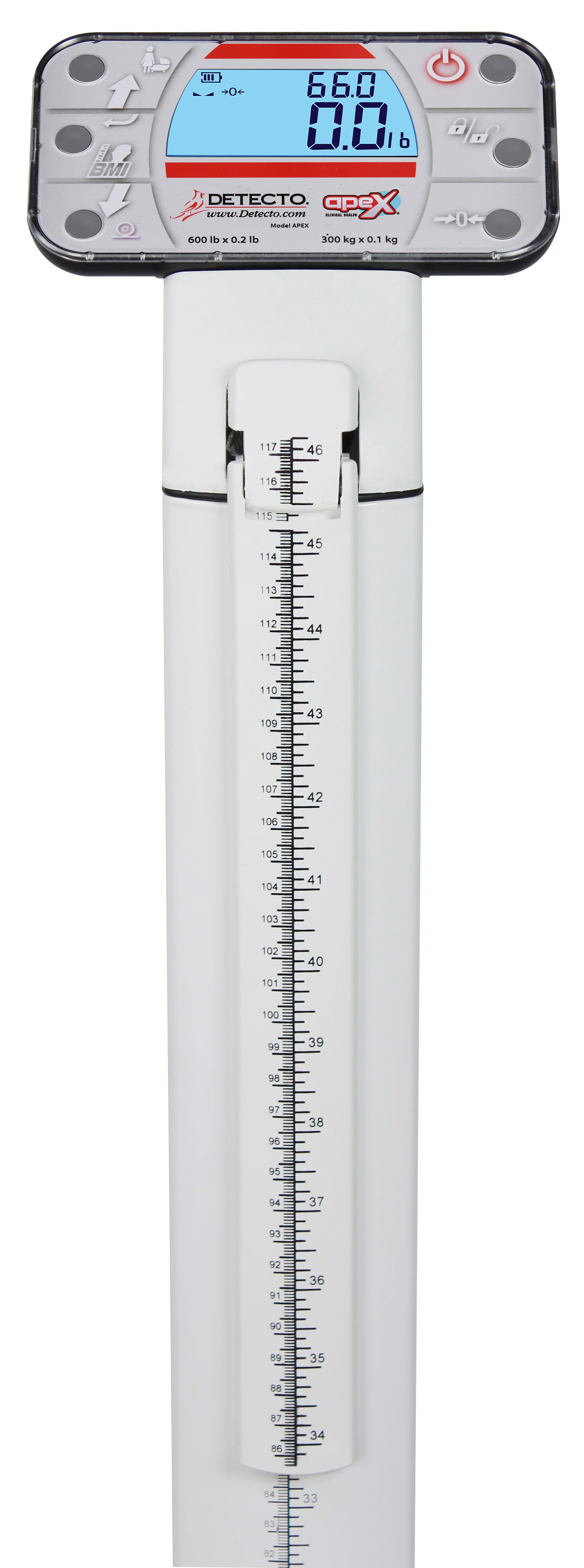 Detecto Apex Digital Clinical Scale with Mechanical Height Rod 600 lb x 0.2 lb / 300 kg x 0.1 kg