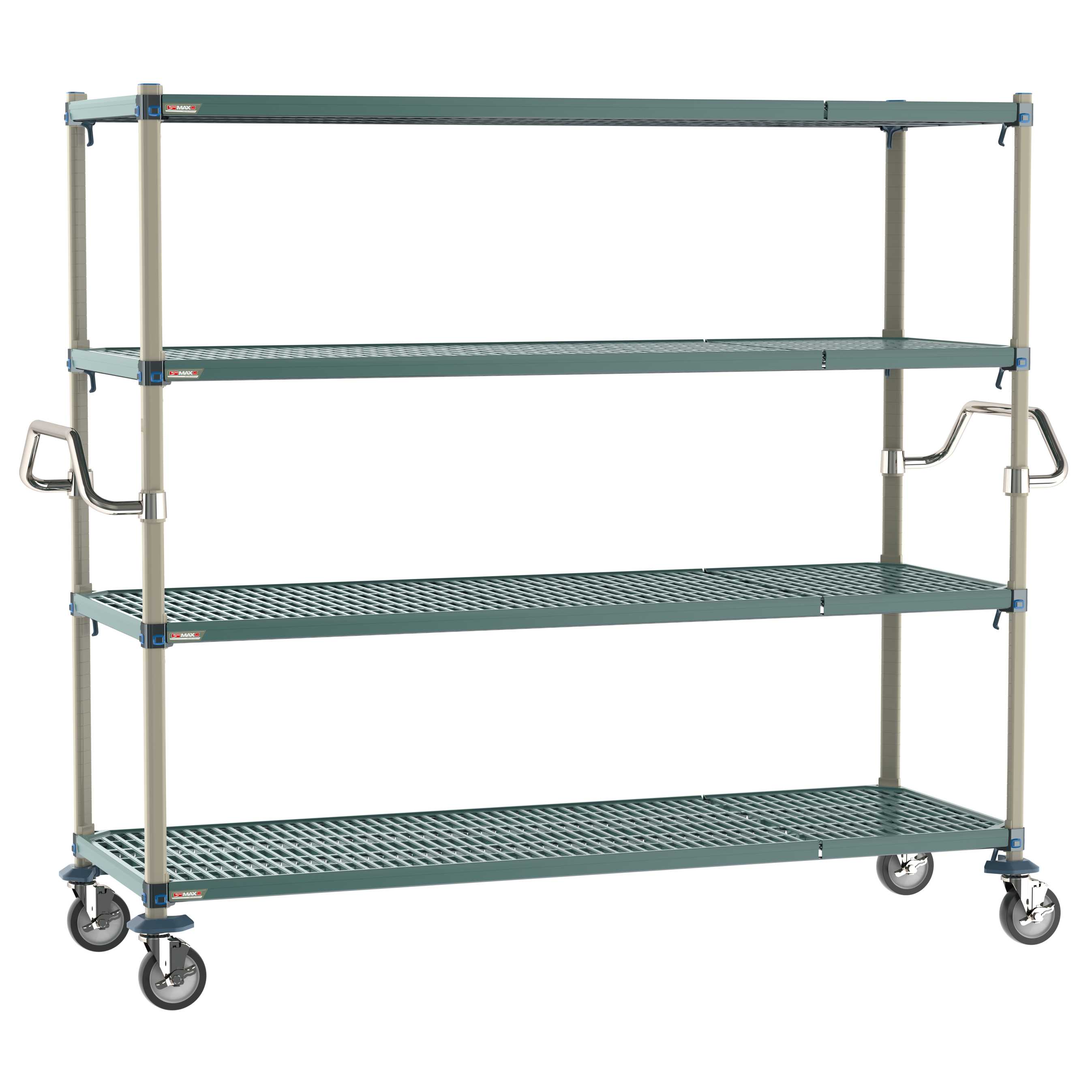 Metro CR247263-MQC4 MetroMax Q 4-Shelf Industrial Plastic Shelving Mobile Cart with Stainless Steel Push Handles, 24" x 72" x 68"